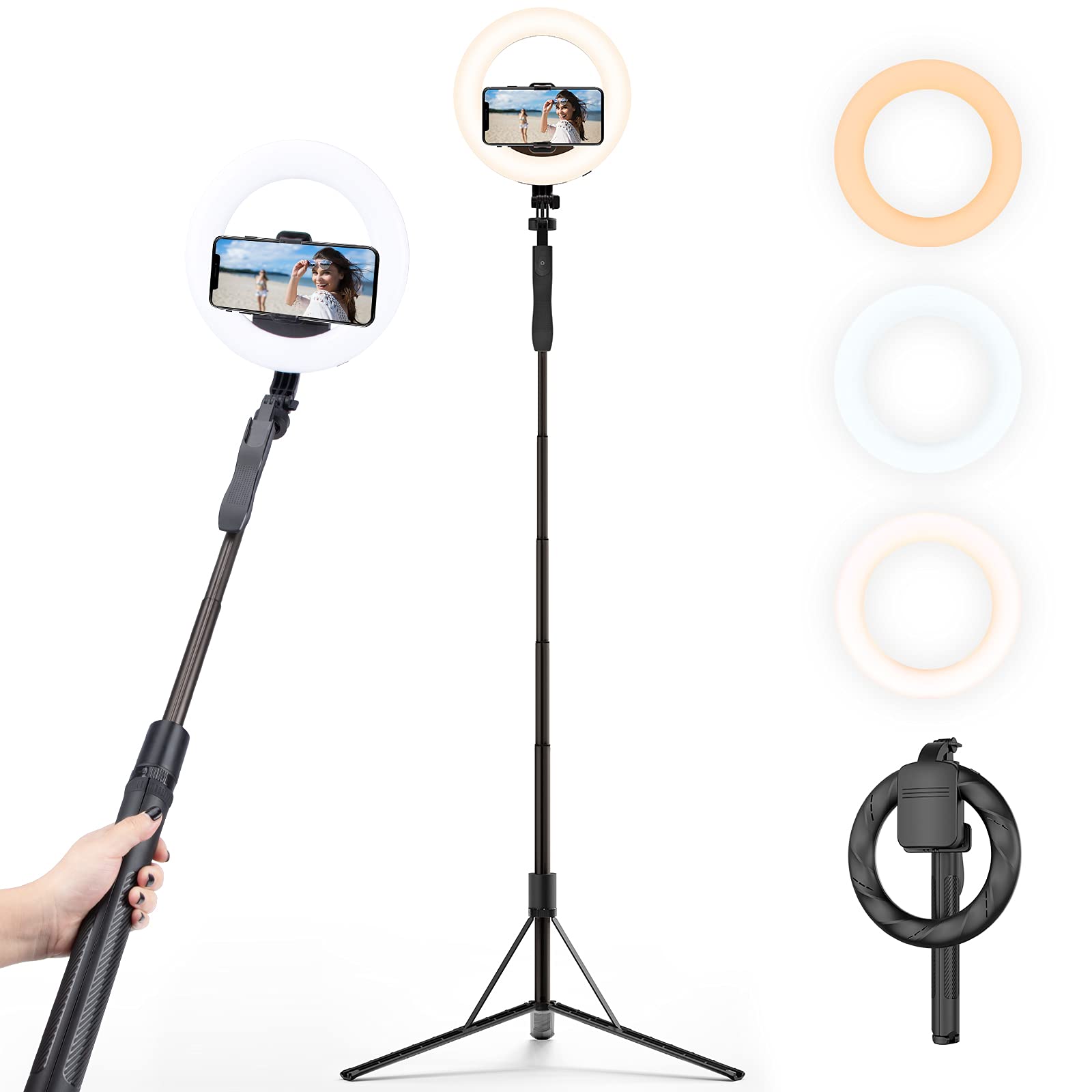 Rechargeable 8" Selfie Ring Light with 63 inch Selfie Stick Tripod, [2021 NEW] Portable Cordless Floor Selfie Fill Light for Indoor Outdoor Selfie, Live Streaming, Video Conference, Makeup, Tik Tok