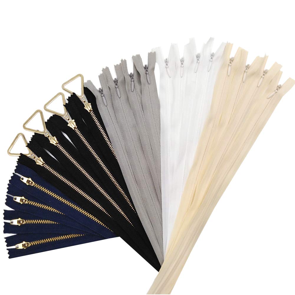 Zips for Sewing Assorted Sizes, Metal Zippers for Sewing & Nylon Colourful Invisible Zips for Tailor 20 Pcs (6.3", 9.5", 11", 15.7", 23.6")