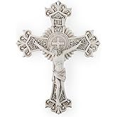 BC Catholic Saint Benedict Crucifix Wall Cross, Jesus Christ Home Decor, Religious Gift, Grey White Finish, 12"H, Hand Painted by Buildclassic