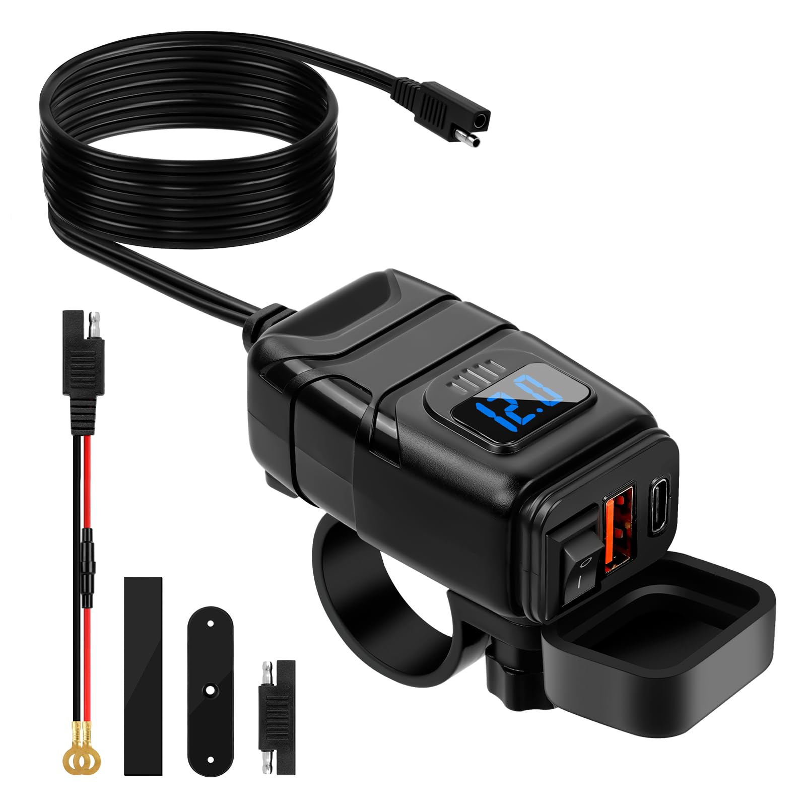Sweetone Motorcycle USB Charger with QC 3.0 Socket and PD Type-C, Waterproof Quick Charge Phone Charger with Switch and LED Voltmeter for 12V Motorbike, Car, Campervan