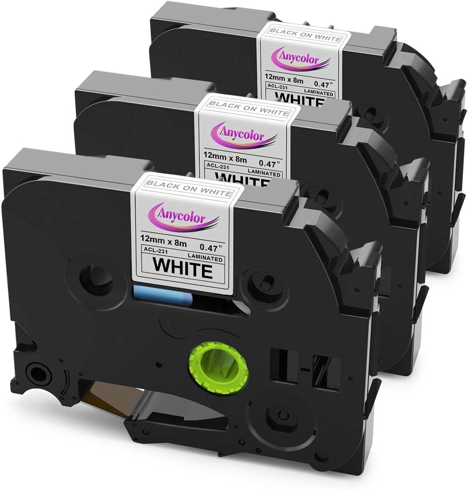Anycolor Compatible Label Tape Replacement for Brother Ptouch TZe Tape 12mm 0.47 Inch Laminated White TZe-231 TZ-231 Work with Brother P-touch PT-D210 PT-D400AD PT-H110 Label Maker, 26.2 Feet, 3-Pack: Office Products