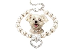 Pearl Small Dog Collar, Pearl Cat Necklace with Crystal Heart Pendants Girls Beaded Dogs Necklace for Female Puppy Kitten Sma