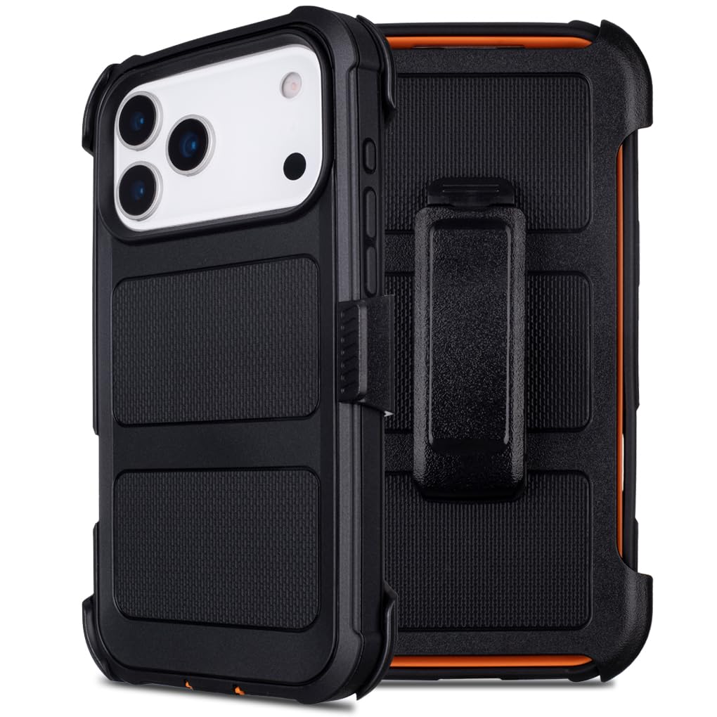 Defender for iPhone 17 Pro Max Case with Clip Holster,Heavy Duty Rugged Full-Body,2 Layers of Sturdy,Anti-Drop,Military-Grade Defender Cover for iPhone 17 Pro Max Phone Case (Black & Orange)