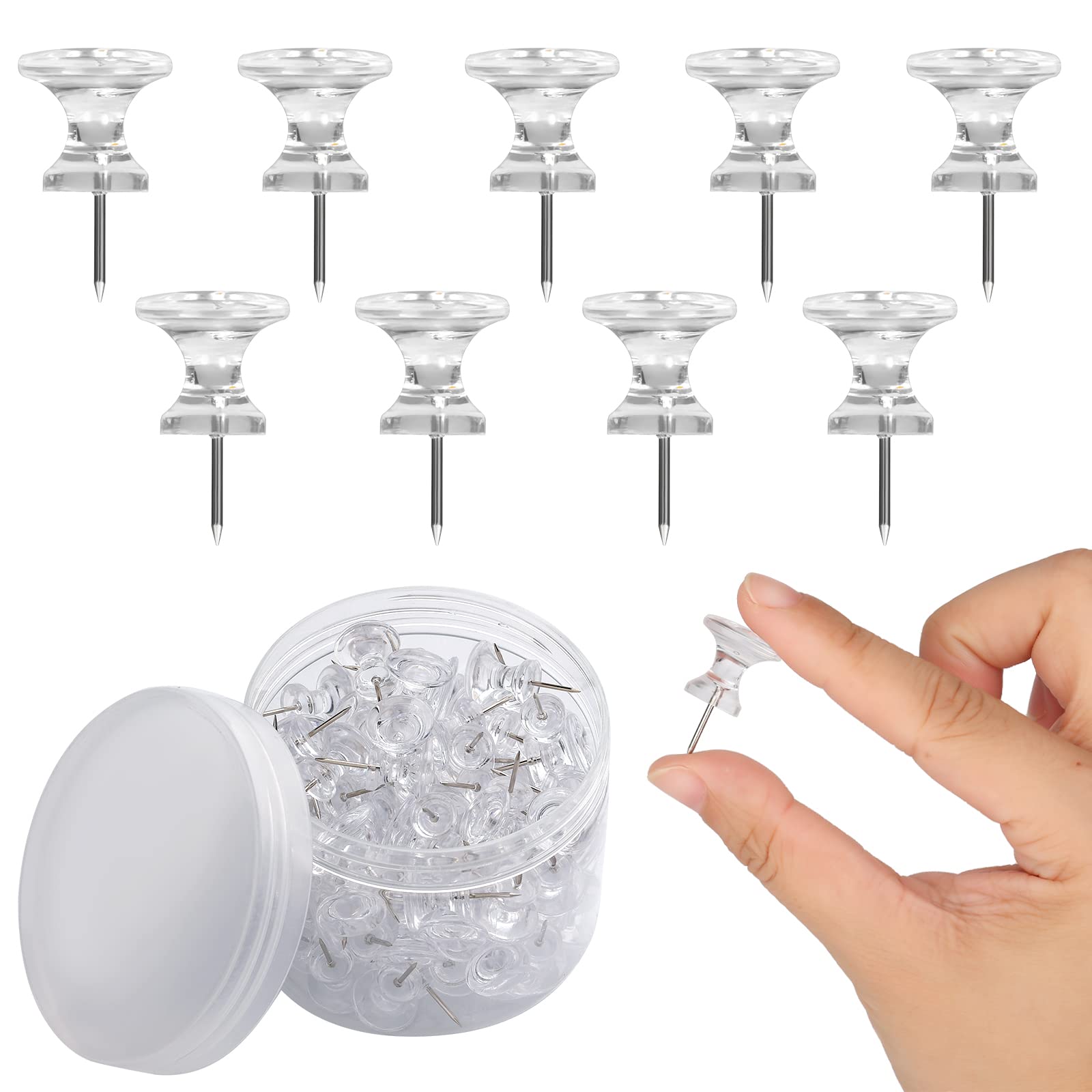KINBOM 100pcs Large Push Pins, Clear Plastic Push Pins Thumb Tacks Decorative Thumb Tacks with Stainless Steel Point Push Pins for Cork Board Wall Maps Office Bulletin Board,White