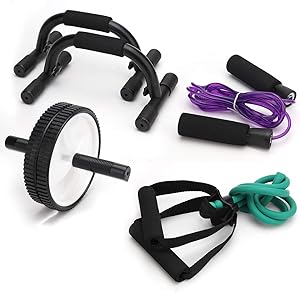 Kognita Ab Wheel Roller Set, 4-in-1 Ab Roller kit with Push-up Bars, Jump Rope, Resistance Band, Home Workout Equipment for Men Women Abs Exercise