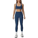 ABOCIW Womens Two Piece Workout Sets Contrast trim Racerback Sports Bra High Waist Leggings Gym Sets