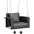 VINGLI 2.2 FT 1-Person Use Rattan Porch Swing Outdoor Support 440 LBS with Cushions & Adjustable Chains, Patio Wicker Swing Bench Chair for Garden, Yard, Lawn, Tree, Black