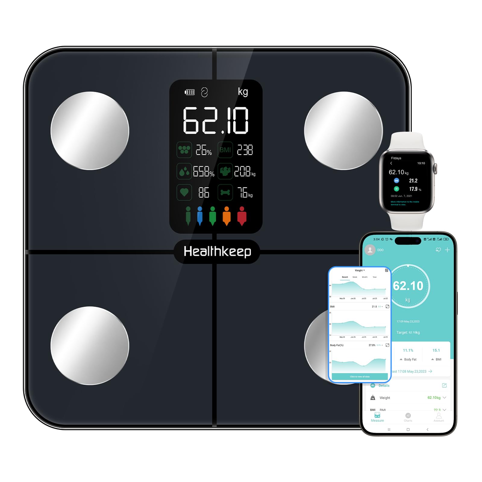 Healthkeep Body Fat Scale with Large VA Display, 15 Body Datas with Heart Rate, Smart Weight Scale Compatible with iOS & Android, Max 400lb/180kg/28st, 28cm, Dark Blue