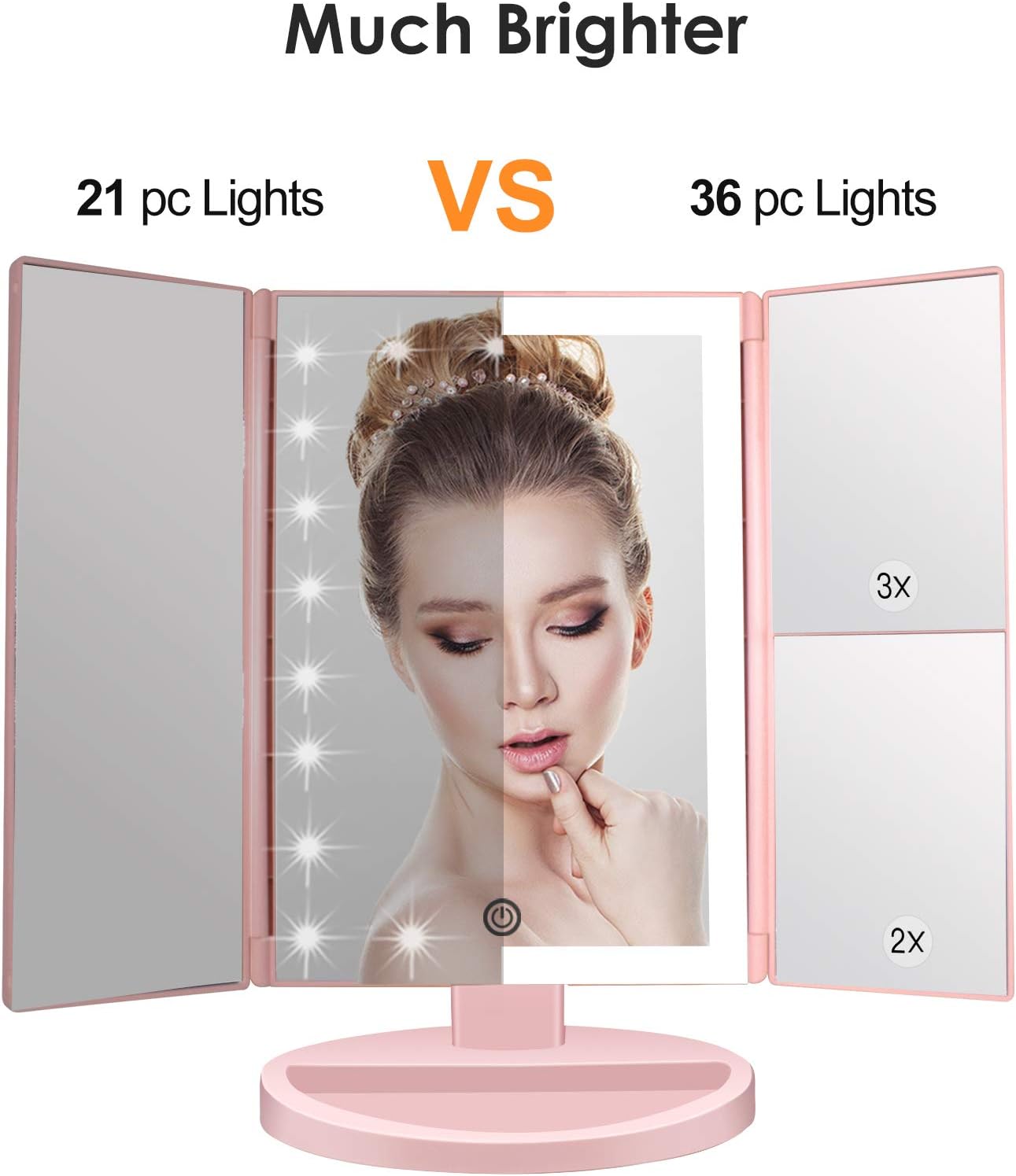 WEILY Lighted Vanity Makeup Mirror 1x/2x/3x Magnification Trifold with 36 LED Lights Touch Screen and USB charging - Image 3
