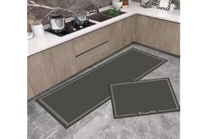 FUSIONOVA Kitchen Rugs Set of 2 – 16x45 + 16x13.5 Kitchen Rugs Non Slip Washable – Absorbent Kitchen Mats – Woven Kitchen Rug – Easy to Clean Wooven Kitchen Mat – Bathroom, Laundry Room, Kitchen Decor