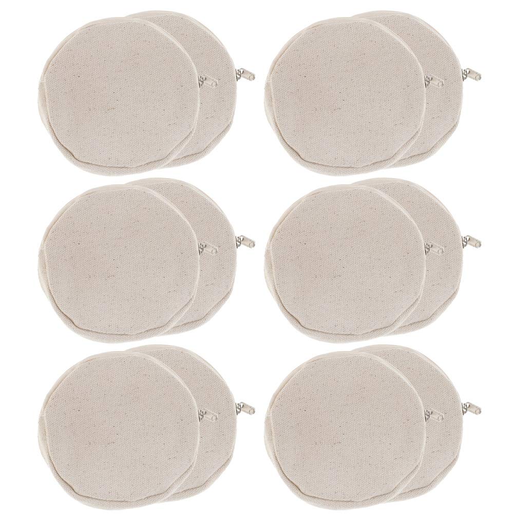 Aspire 12-Pack Round Canvas Coin Purses, 4 Inch Circle Zipper Pouch - Beige