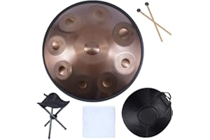 TREELF Handpan Drums Sets D Minor 22 inches Steel Hand Drum with Soft Hand Pan Bag, 2 handpan mallet,Handpan Stand(9 Notes, Gold)