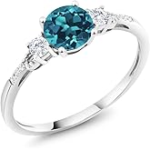 Gem Stone King 10K White Gold London Blue Topaz White Created Sapphire and White Diamond Accent 3-Stone Engagement Ring For Women | 0.90 Cttw | Gemstone November Birthstone | Round 6MM