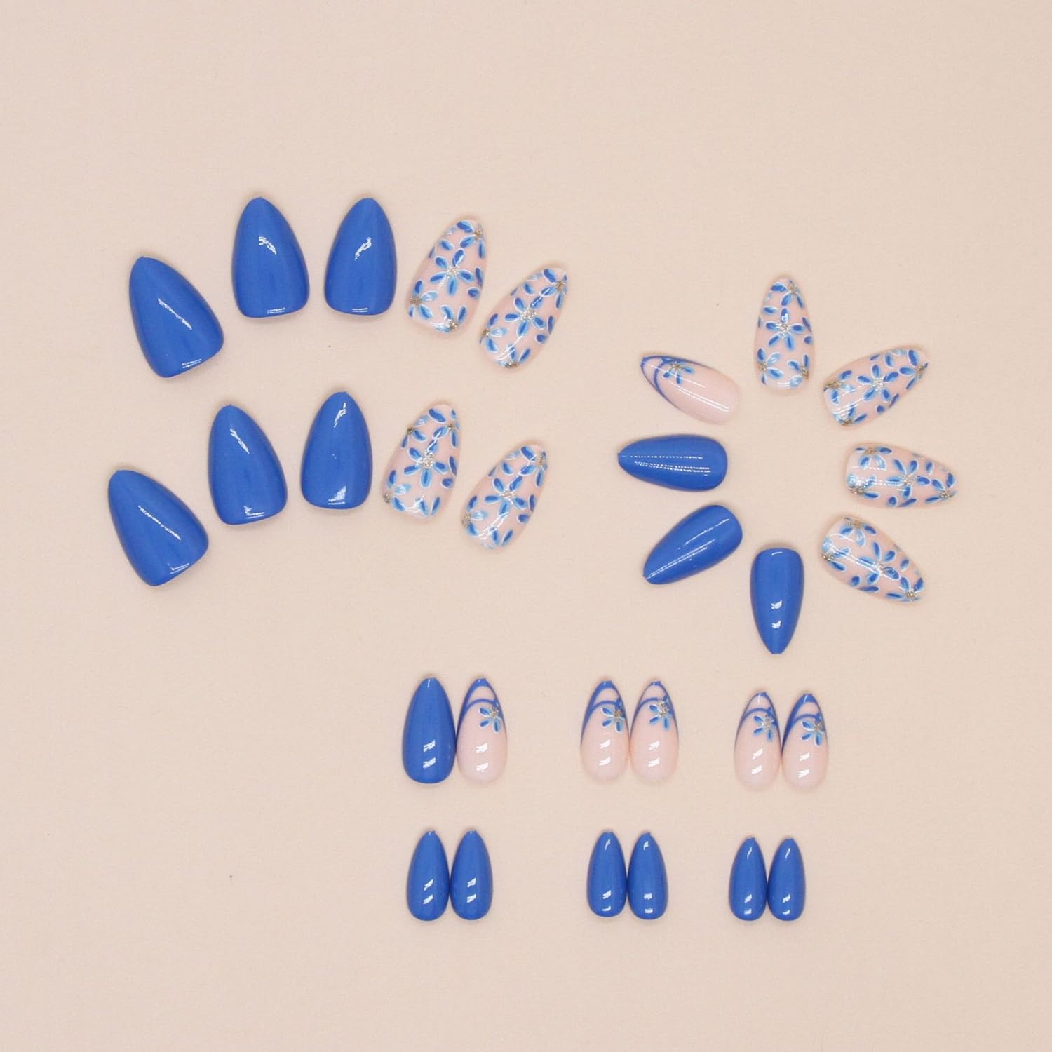 Blue Flowers Press on Nails Medium Almond Fake Nails French Tip Full Cover Glue on Nails Blue Pink Glossy Designs Cute Spring Summer False Nails Stick on Nails for Women Girls Nail Decorations - Image 2