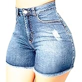 Tunlaud Women High Waisted Skinny Stretchy Denim Shorts Casual Summer Frayed Raw Hem Distressed Ripped Short Jeans