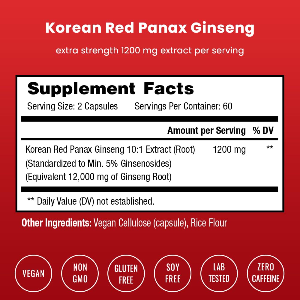 NutraChamps Korean Red Panax Ginseng Capsules | Extra Strength Ginsenosides for Energy, Focus, Performance, Vitality & Immune Support | Korean Ginseng Root Extract (120, Red)
