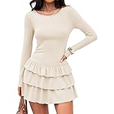 ZESICA Womens Long Sleeve Bodycon Mini Dress Ribbed Knit Crew Neck Ruffle Tiered Flowy Cocktail Party Dresses
