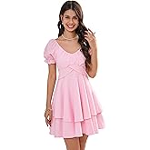 Women‘s Summer Lantern Sleeve A-Line Casual Mini Dresses Double-Layer Sleeves V-Neck Dress