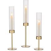Hewory Gold Hurricane Candle Holders: Brass Candlestick Holders Set of 3 Tall Taper Candle Holders for Candlesticks Candle Sticks Holder Decor for Table Centerpiece Wedding Party Christmas Decorations