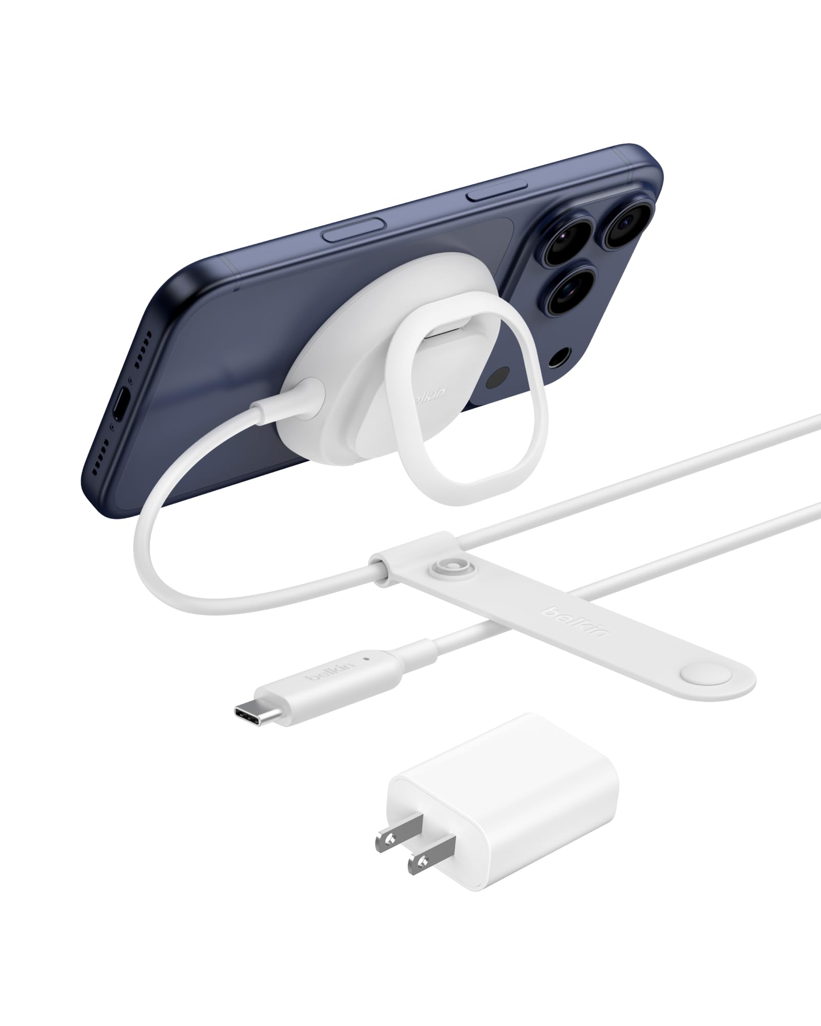 Belkin MagSafe Charger, Magnetic iPhone Charger w/ Qi2 25W, Fast Wireless Charging Pad w/Kickstand for iPhone 17 Series, Samsung Galaxy, Pixel 10, AirPods Pro, Travel - Adapter Included, White