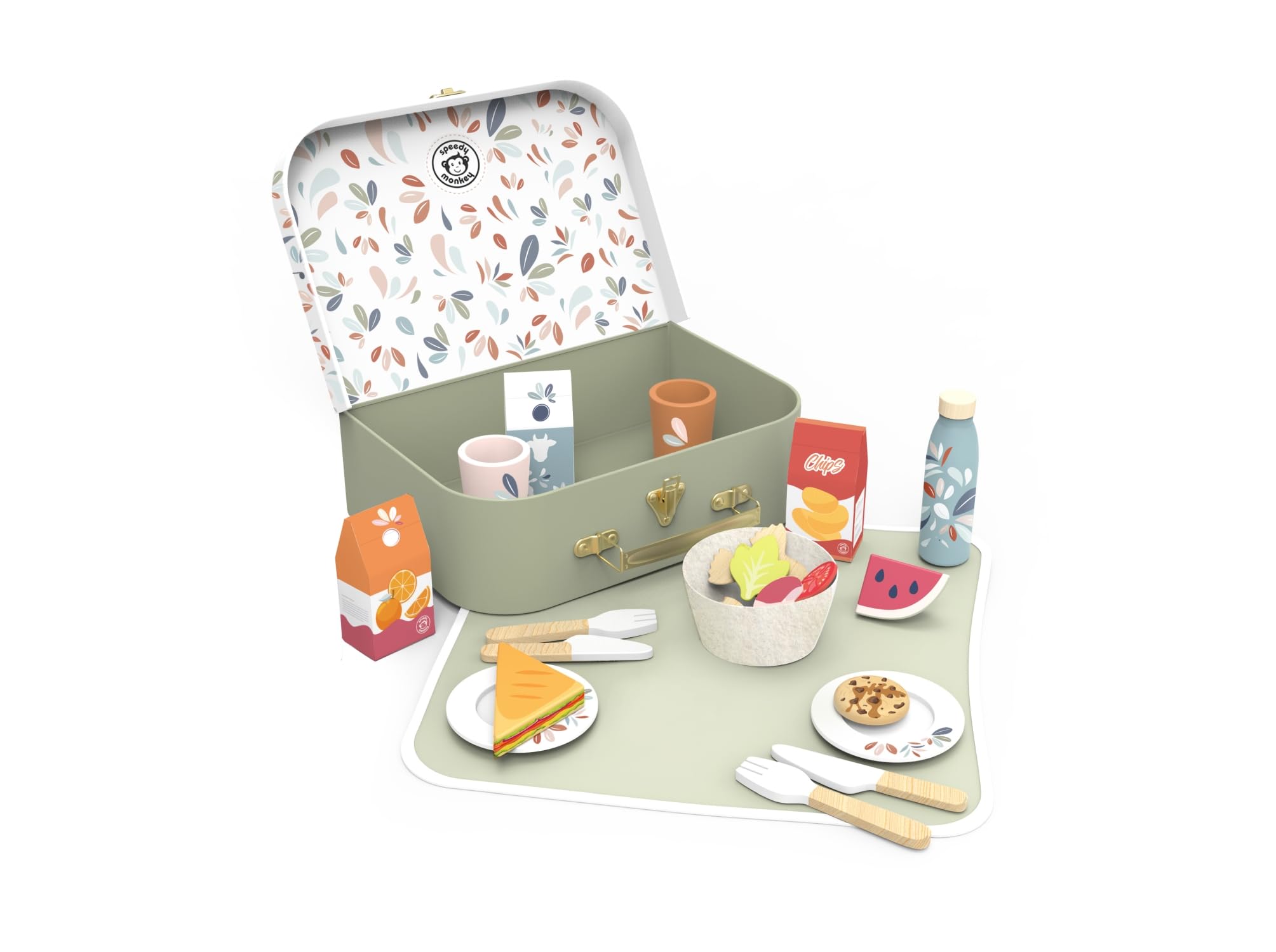 SPEEDY MONKEY Wooden Picnic Basket Playset – FSC Certified Pretend Play Food & Fruit Toy for Toddlers & Preschoolers, Outdoor Picnic Travel Adventure, Kitchen Role Play Set for Boys & Girls