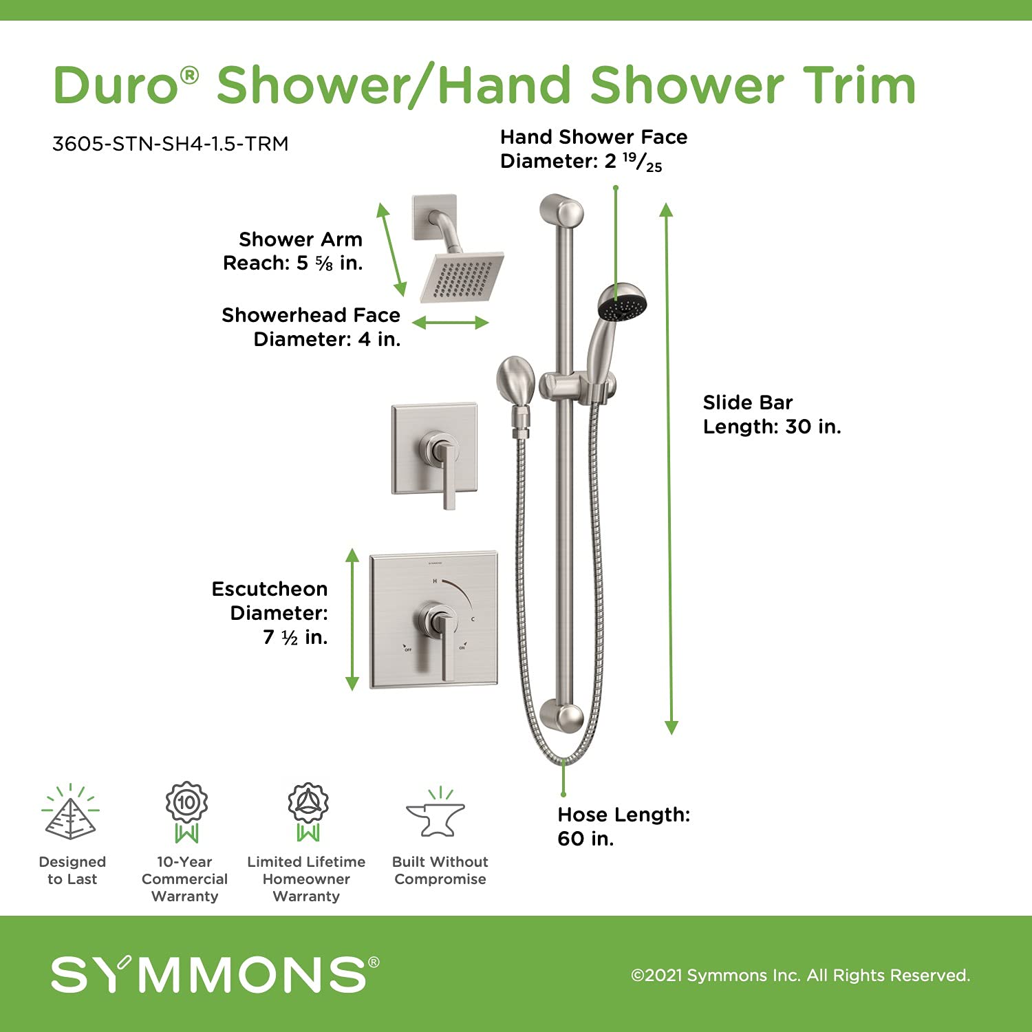 Condition photo showing New/Like New for symmons 3605-stn-sh4-1.5-trm duro 2-handle 1-spray shower trim with 1-spray hand shower in satin nic