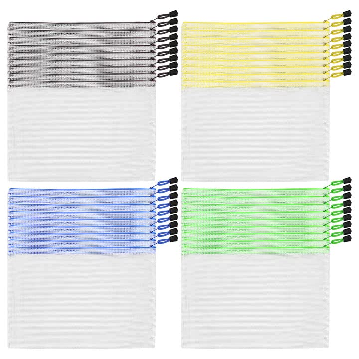 ZEONHAK 36 PCS A4 Plastic Zip Wallets Folders, A4 Document Folder File Zipper Bags, Mesh Zipper Storage Pouch for Office Supplies, File Storage, 4 Mixed Colours, 33x23.5 cm