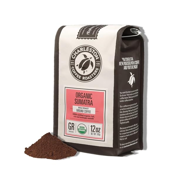 CHARLESTON COFFEE ROASTERS | SPECIALTY ORGANIC GROUND COFFEE | HAND PICKED, PREMIUM SLOW ROAST (SUMATRA, BOLD ROAST) 12OZ