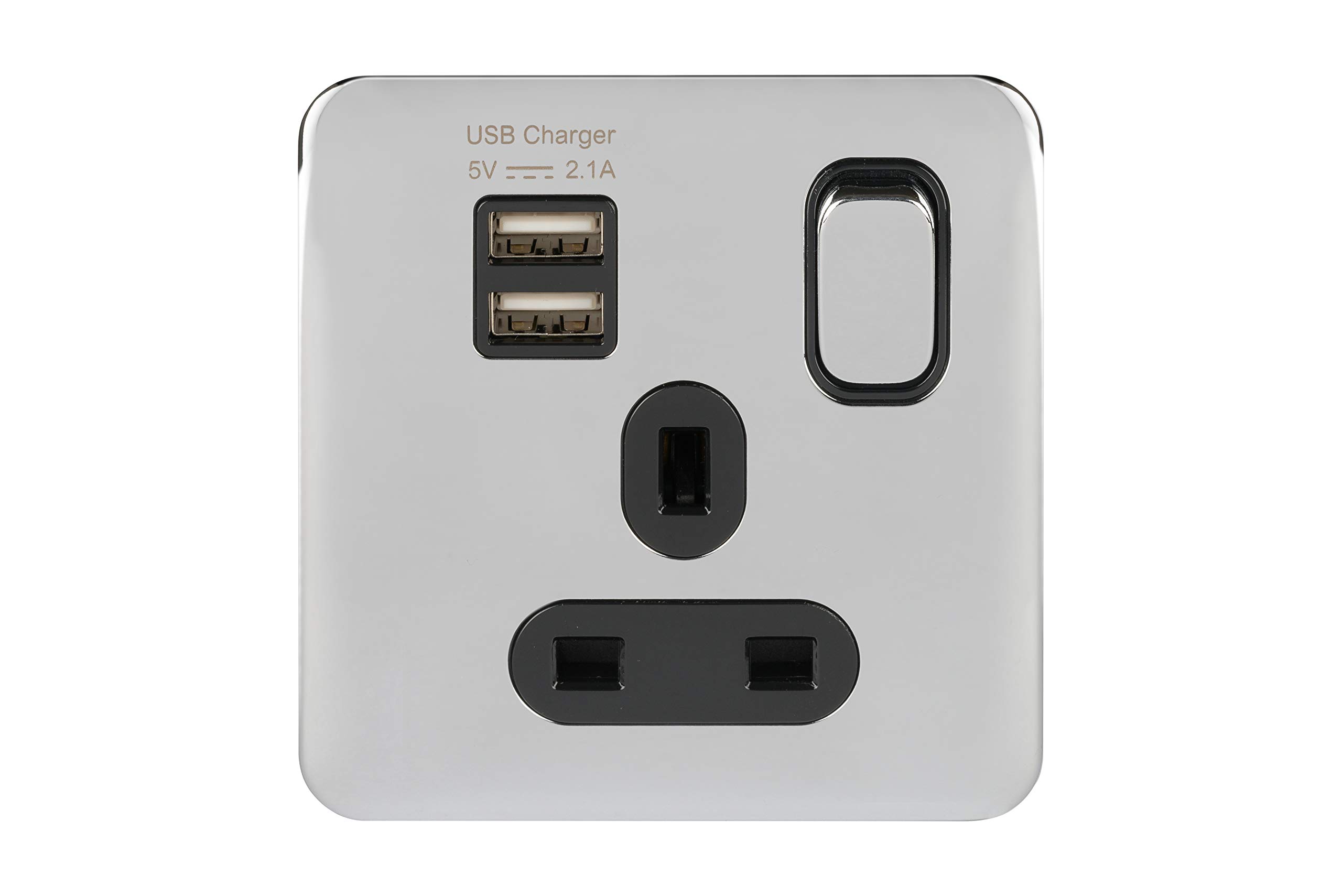 Schneider Electric Lisse Screwless Deco - Switched Single Power Socket with USB Charging Ports, Single Pole, 13A, GGBL30102USBABPCS, Polished Chrome with Black Insert