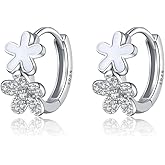 SLUYNZ Solid 925 Sterling Silver CZ Flower Hoop Earrings for Women Teens Double Flower Hoop Earrings Huggie