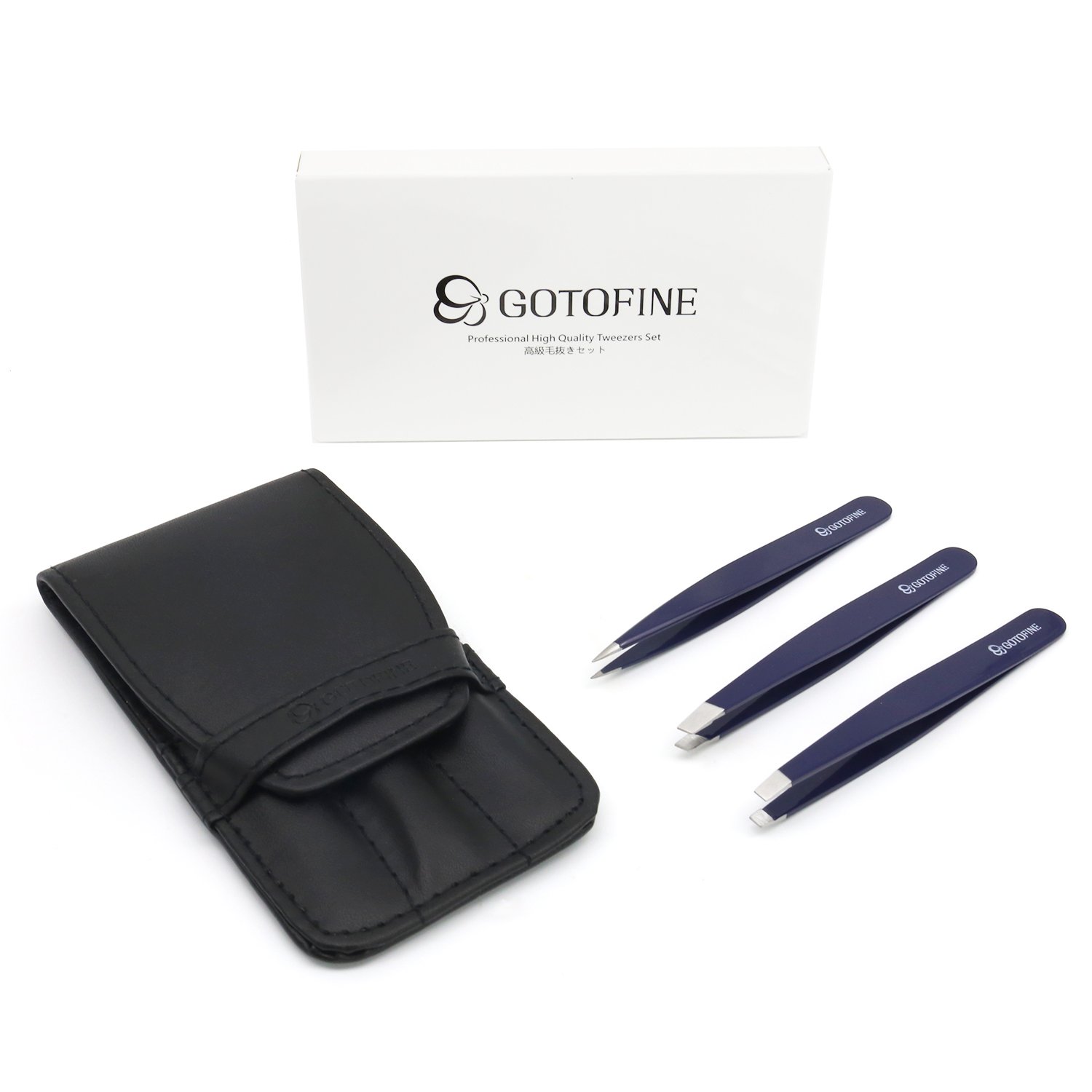 Gotofine Stainless Steel Tweezers Set of 3, Flat/Slant/Pointed, Eyebrow Plucking Strong Grip & Ultimate Precision, Includes Leather Carry Case
