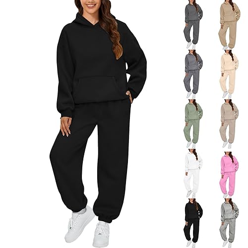 Ladies Plain Tracksuit Long Sleeve Hoodie and Cuffed Jogging Bottoms Two Piece Outfit Fall Winter Lounge Wear Full Set Black S