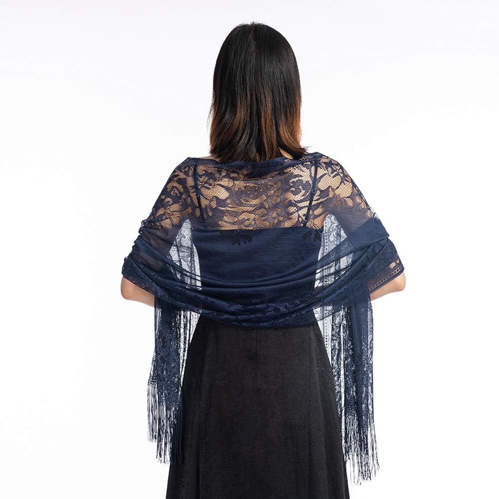 Ladiery Women's Floral Lace Scarf Shawl with Tassels, Soft Mesh Fringe Wraps for Wedding Evening Party Dresses - Image 3