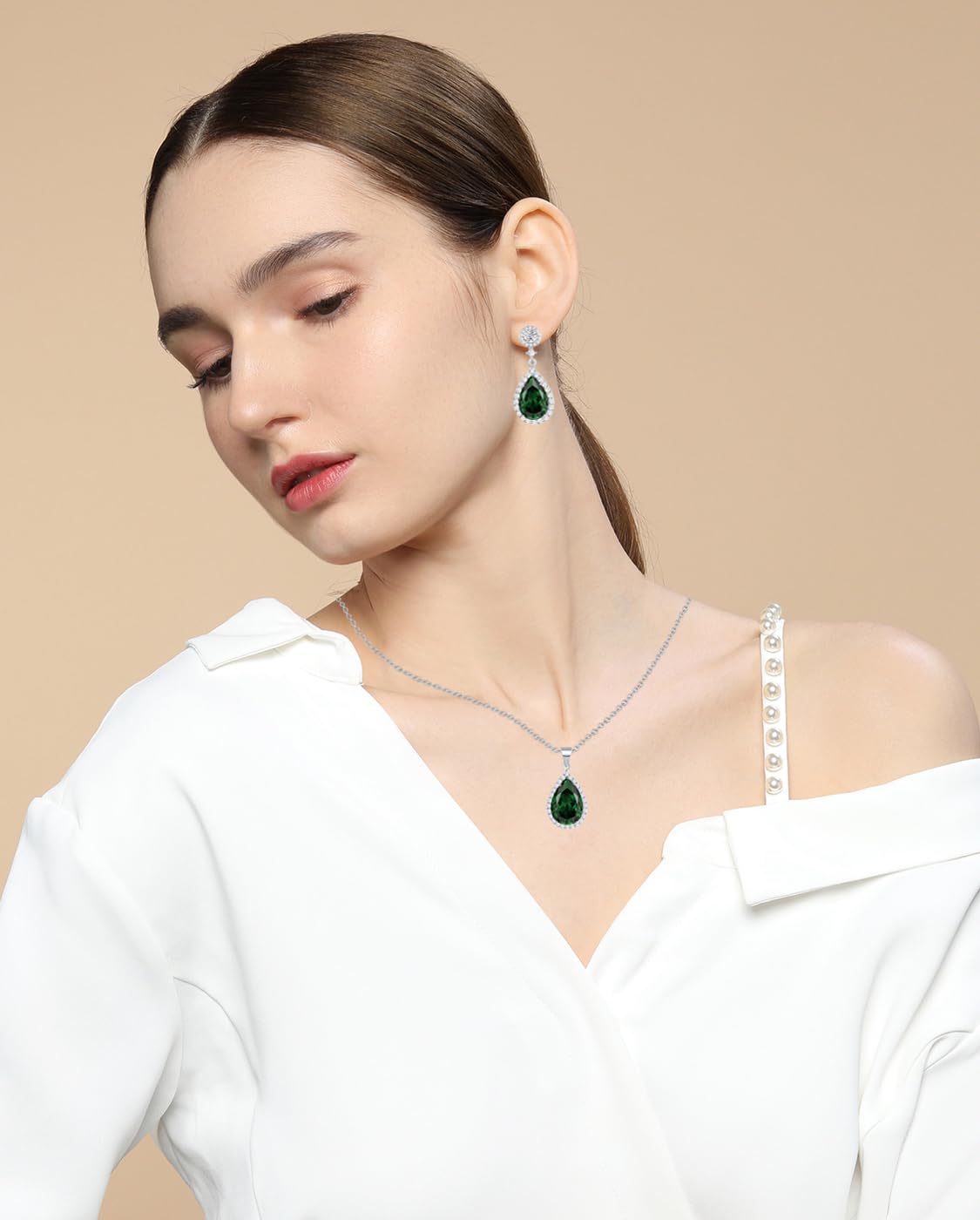 Jewelry Sets For Women 925 Sterling Silver Post Teardrop Dangle Stud Earrings Necklace Set Crystal Rhinestone Wedding Prom Costume Jewelry for Women