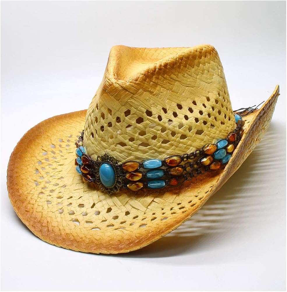 Sun Hat for Women Men Sombrero Cap Hard Raffia Hollow Wide Brim Cowboy
