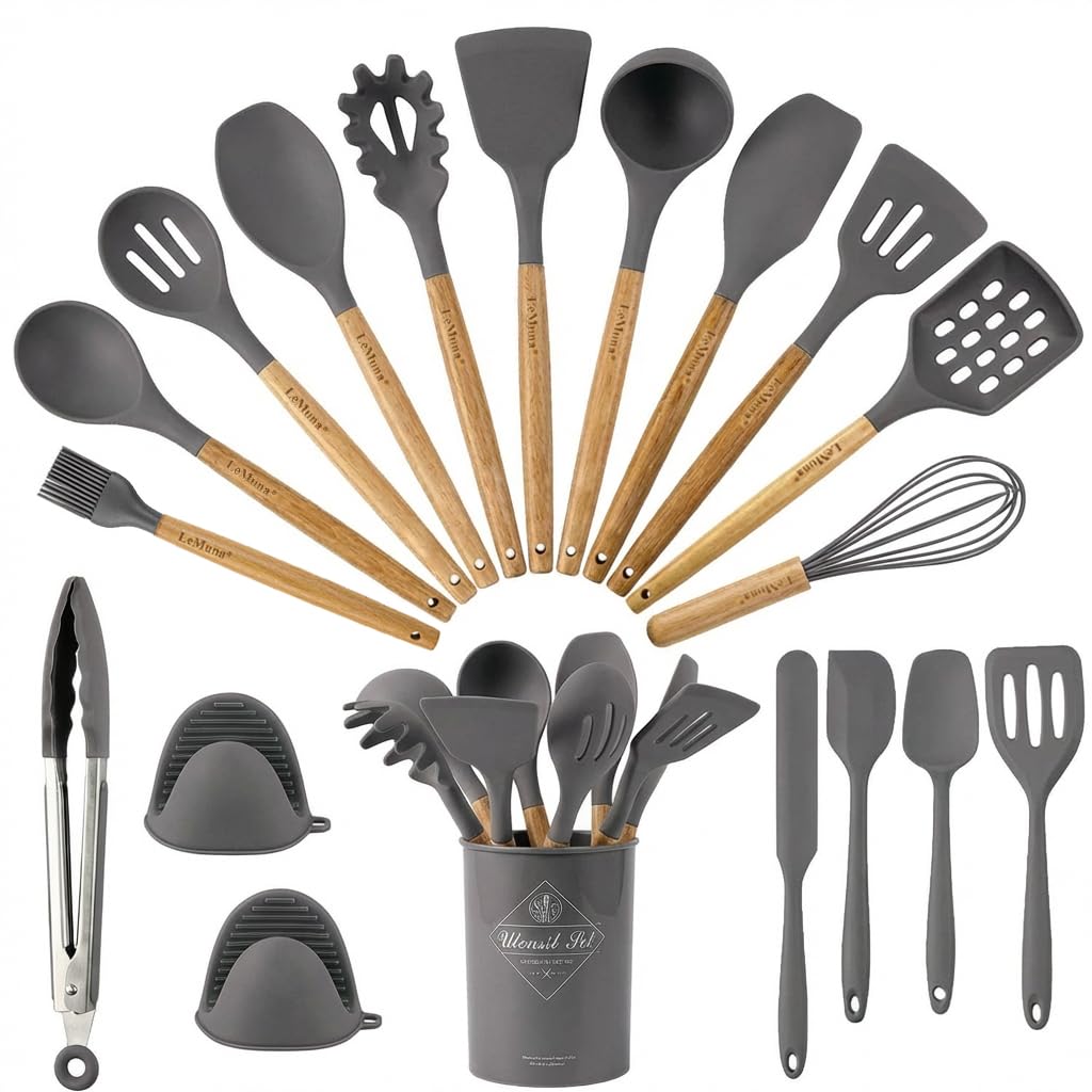LeMuna Silicone Cooking Utensils Set, Kitchen Utensils for Cooking with Holder, Wooden Handle Silicone Utensils Spatula Set, Heat Resistant, BPA Free, Non Toxic Kitchen Gadgets, Gray