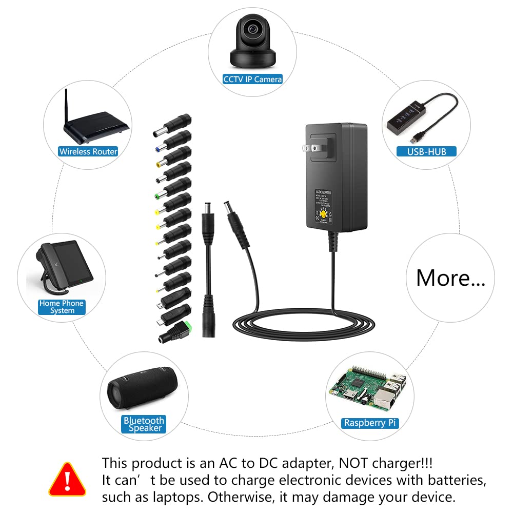 SHNITPWR 48W Universal Power Supply 9V 12V 15V 17V 19V 20V 24V Adjustable Variable AC/DC Adapter with 5.5x2.5mm Tip 100V-240V AC to DC Converter 9V~24V 0.8A 0.5A 1A 1.2A 1.5A 1.8A 2A Max with 14 Tips