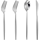 U-QE 120Pcs Silver Plastic Silverware, Luxury Plastic Cutlery, Heavy Weight Flatware, Silver Disposable Utensils Set Include 60 Forks, 30 Spoons, 30 Knives for Party