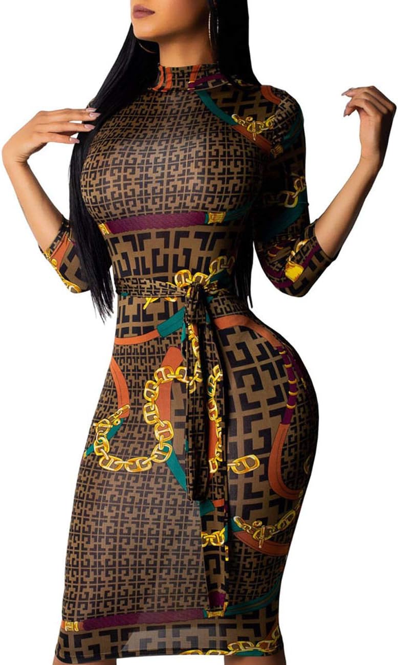 PerZealBodycon Dress for Women Casual 3/4 Sleeve Floral Club Pencil Party Midi Dresses