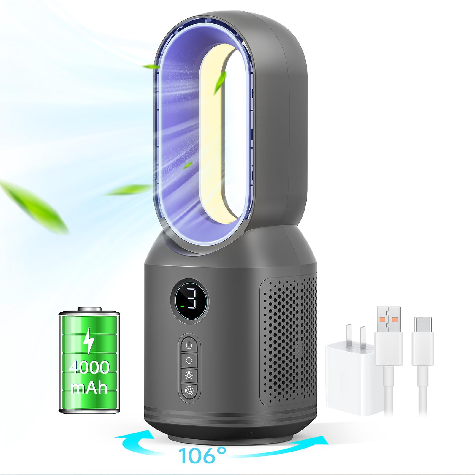 Photo 1 of Desk Fan, Portable Bladeless Fan 13 Inch Small Quiet Cooling Office Fan,106° Oscillation, LED Display, 3 Wind Speeds&3 Light Modes Personal Battery Operated Table Fan for Home, Office, Bedroom,Travel
