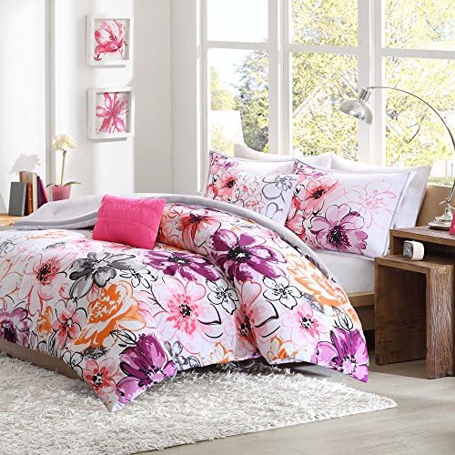 Teen Girls Floral Pink Plum Bedding 9 Piece Bed in a Bag 100% Soft Microfiber Sheet Reversible Solid Grey Kids Comforter Set, KING/CAL KING