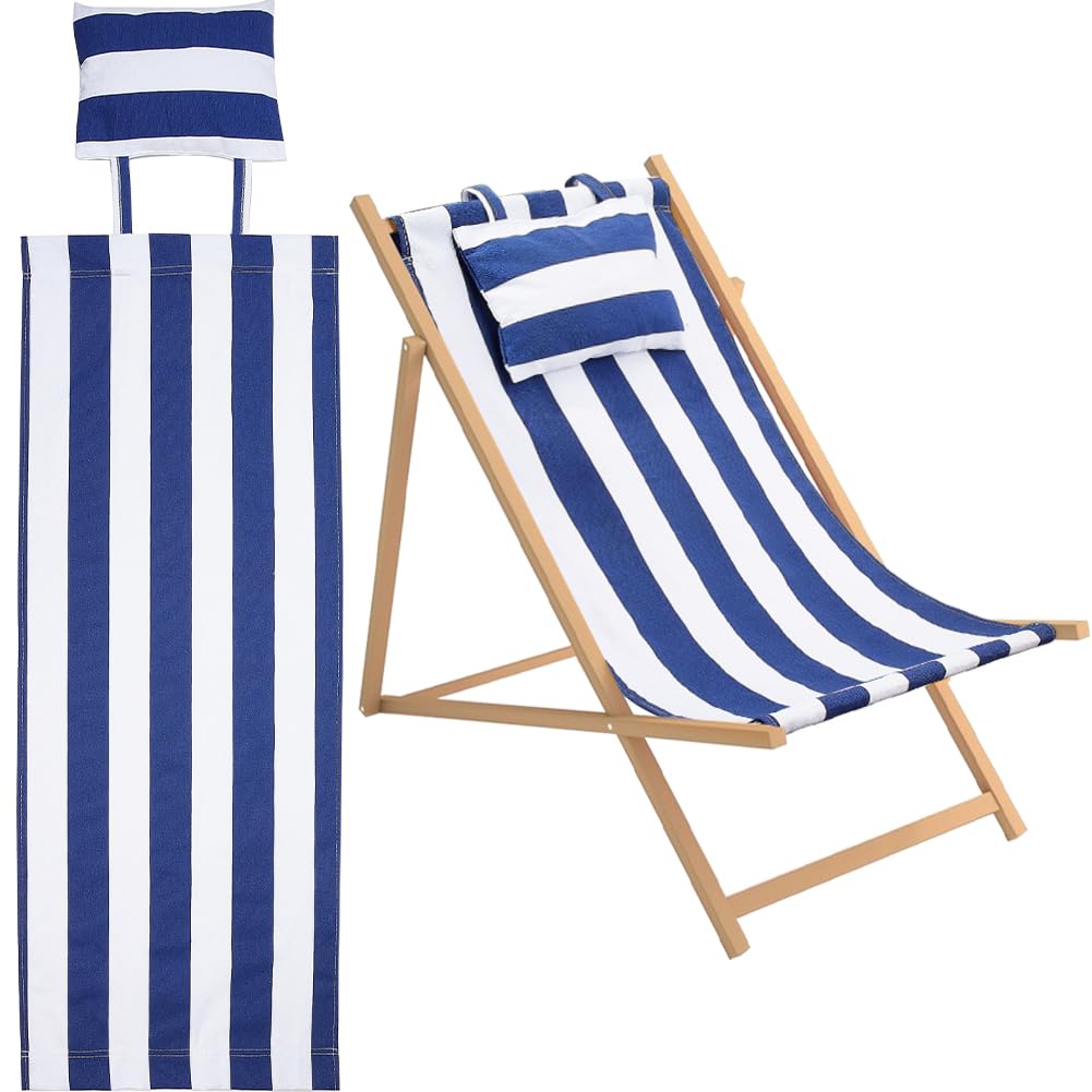 Photo 1 of GORGECRAFT Beach Sling Chair Canvas Cloth with Pillow 44x17 Blue and White Stripes Casual Lounge Chair Replacement Canvas Outdoor Folding Chair Fabric for Patio Beach Sunbathing Garden Courtyard