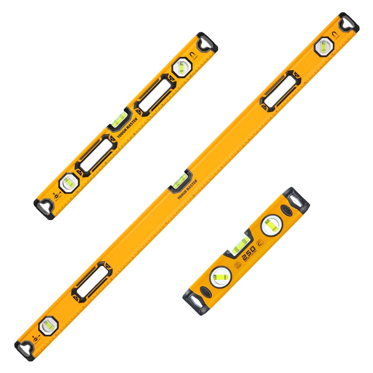 Tough Master Spirit Levels Builders, Scaffolder Level Checker, Shock Resistant Compact DIY Tool, Magnetic Lightweight Ruler, Horizontal (Spirit Level 3 Pcs 250, 600 & 1200mm)