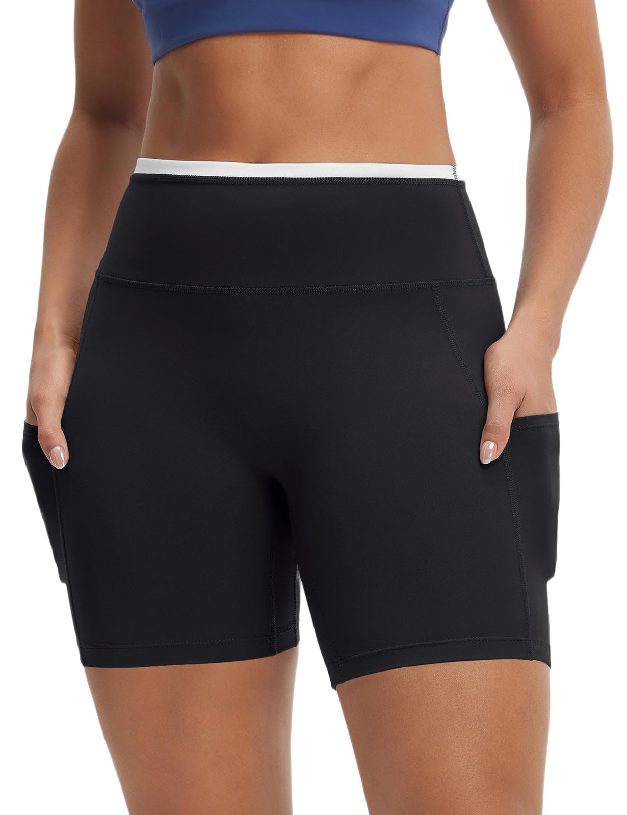 Photo 1 of baleaf Biker Shorts for Women High Waist Tummy Control with Pockets Yoga Workout Gym Bike Shorts No Front Seam Black/White XL