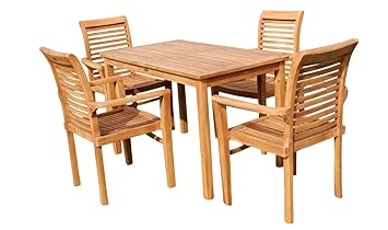 AS-S Teak Set Gartengarnitur Gartentisch 120x70 cm mit 4 Sessel Holz Serie JAV-ALPEN