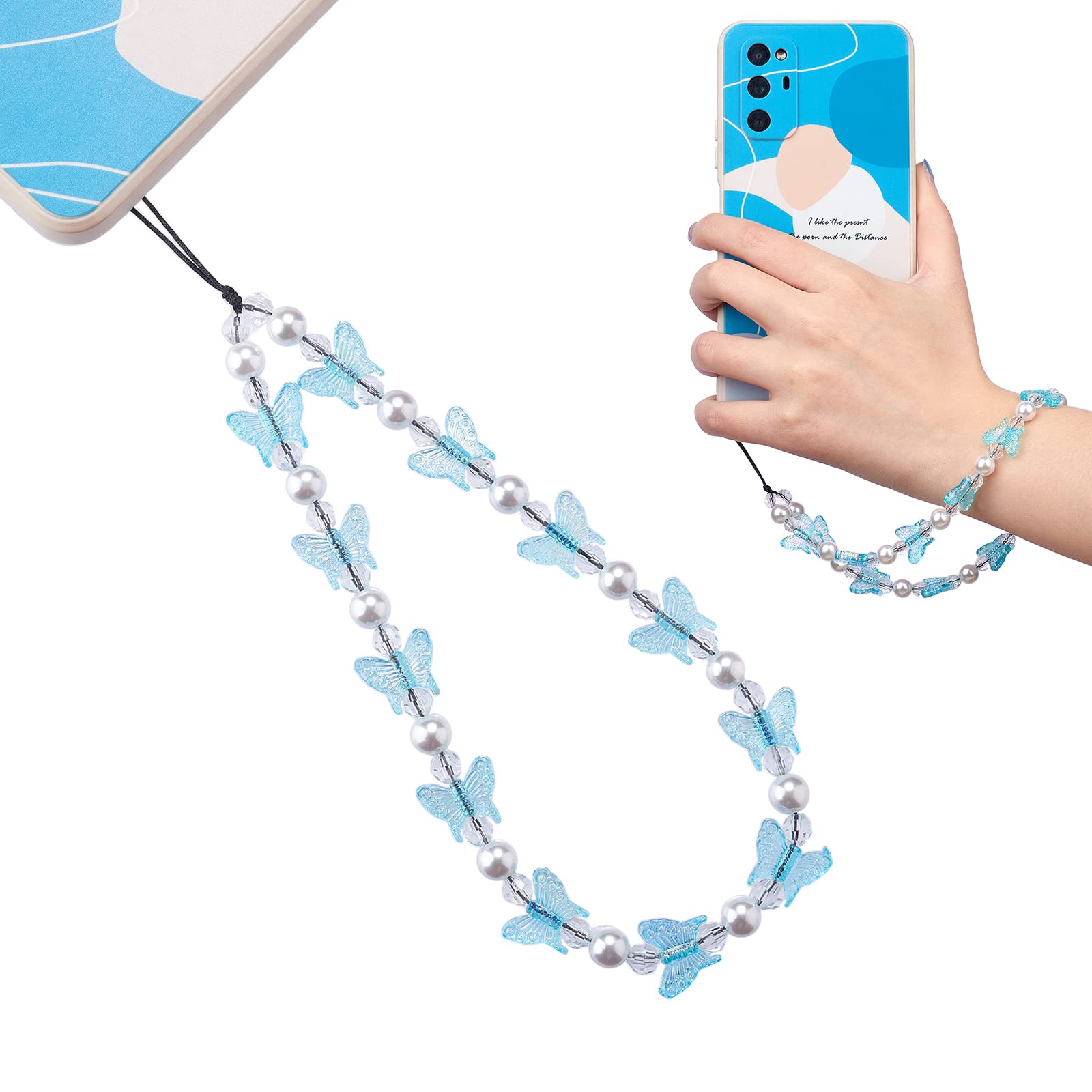 BEEFLYING Acrylic Beaded Phone Lanyard Wrist Straps Butterfly Beaded Phone Charms Handmade Anti-Lost Lanyard String Chain for Women Keychain Phone Hanging Accessories (Cyan, 22cm)