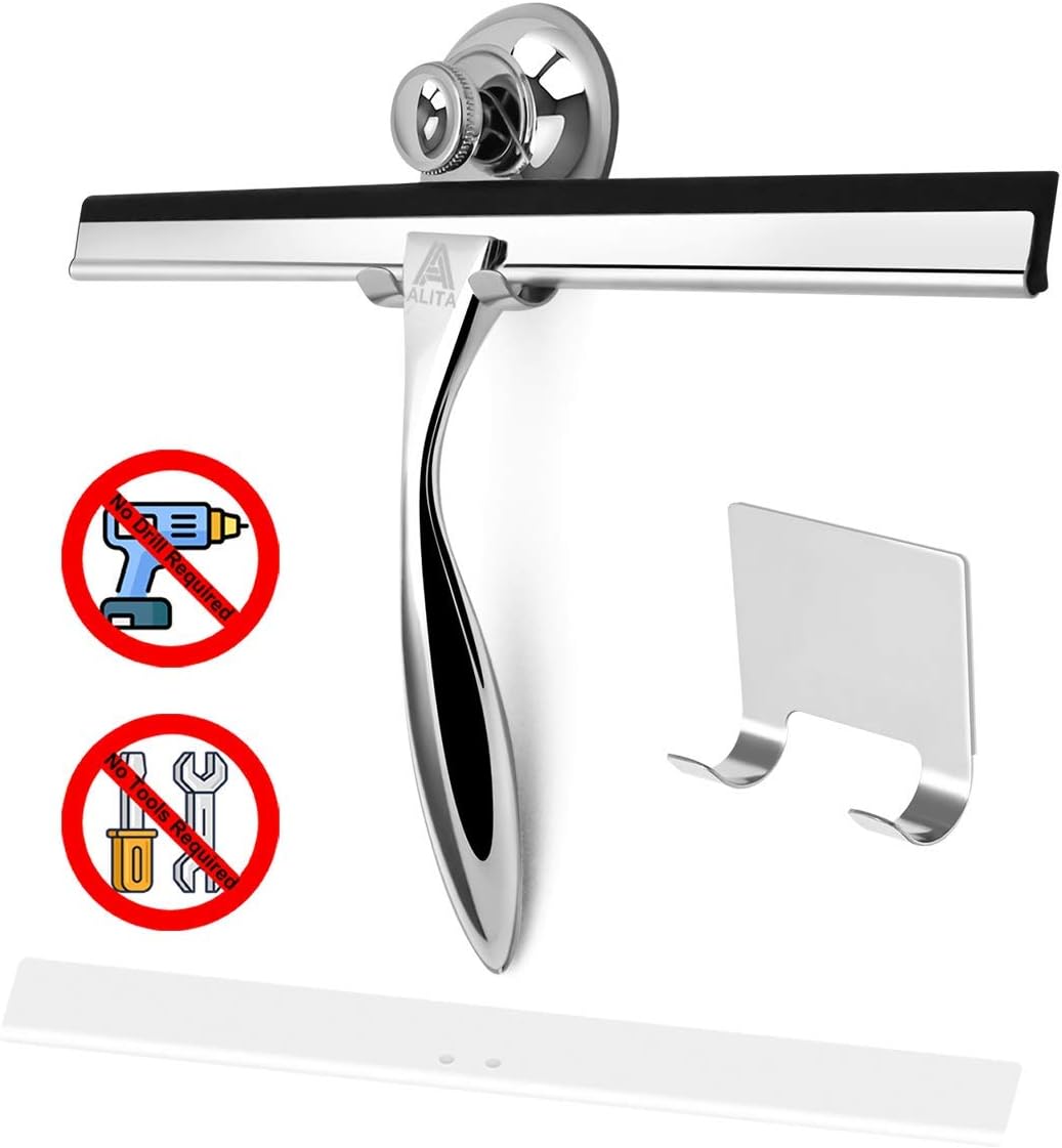 ALITA Bathroom Shower Window Squeegee - Deluxe Cleaning Tool for Mirror/Glass/Car Windshield/Kitchen, Stainless Steel, All Purpose Squeegee Wiper with Replacement Blade and Hook, 10 Inch
