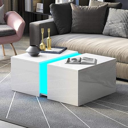 Apelila Coffee Table Coffee Table For Living Room Modern Rectanglar Coffee Table With Storage Large Wooden Tea Table For Office Reception Home Furniture Wood Drawers Rgb Led Light White Amazon Co Uk Kitchen
