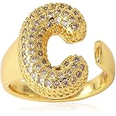 HUASAI Gold Initial Ring for Women 14K Gold Plated Rhinestone Modern Chunky Ballon Letter Ring Open Adjustable Puffy Initial Ring Personalized Birthday Jewelry Gifts Trendy Stuff