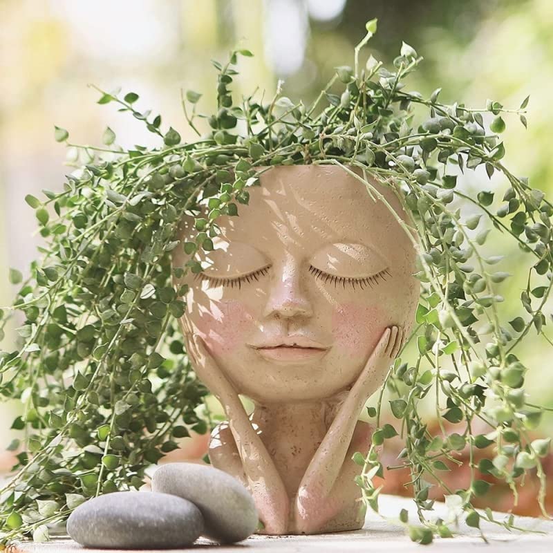Flower Pot with Face, Cute Lady Face Succulents Resin Cactus Planter for Home Garden (Color A)